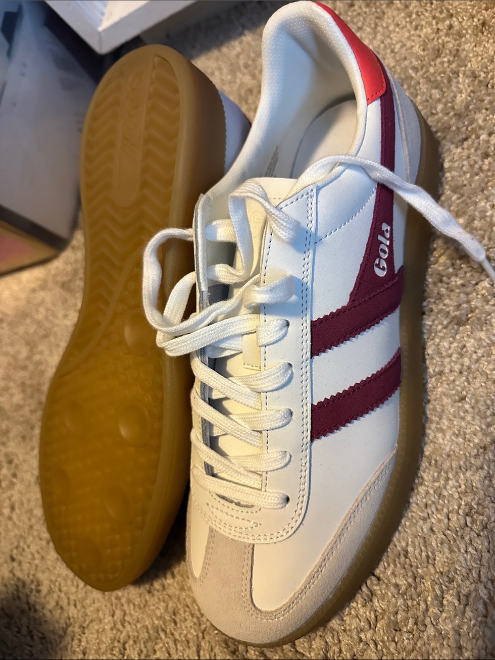 Gola Men's White and Burgundy Retro Trainer with Gum Sole